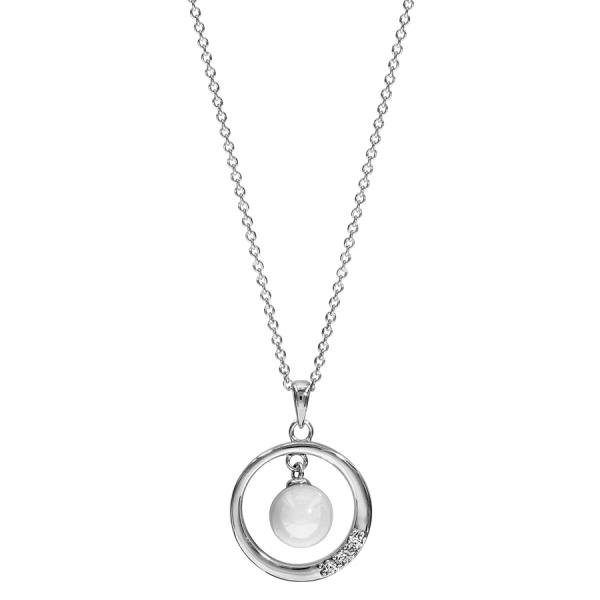 Collier Argent 925 Pendentif Cercle avec Zirconium Sertis + Boule Céramique Blanche 