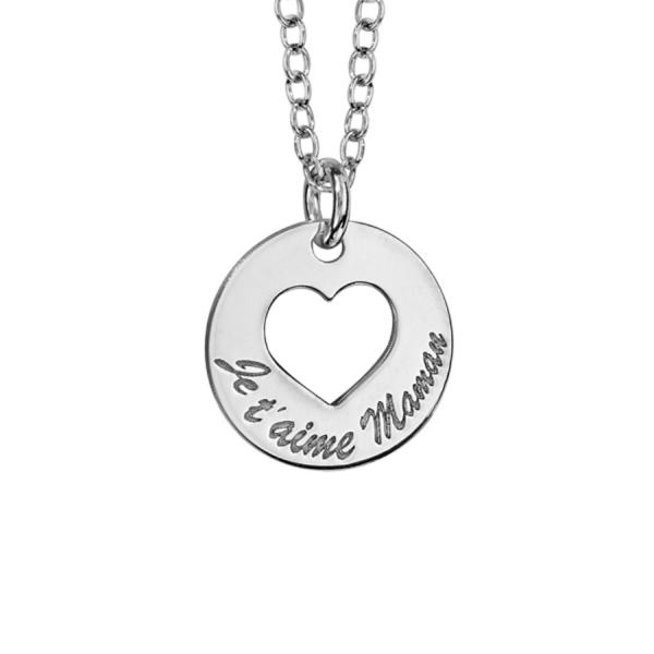 Collier Argent 925 Pendentif Rondelle "Je t'aime Maman" Coeur Evidé