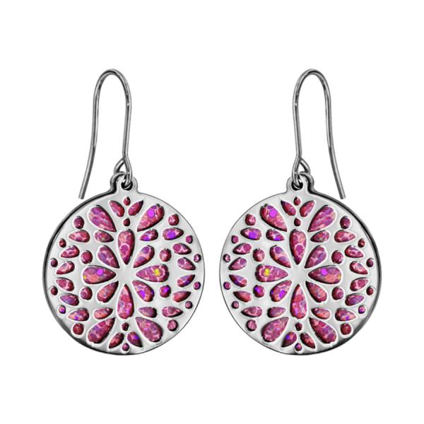 Boucles d'oreilles Acier 316 L Crochet Motif Fleurs Glitter Rose Scintillant