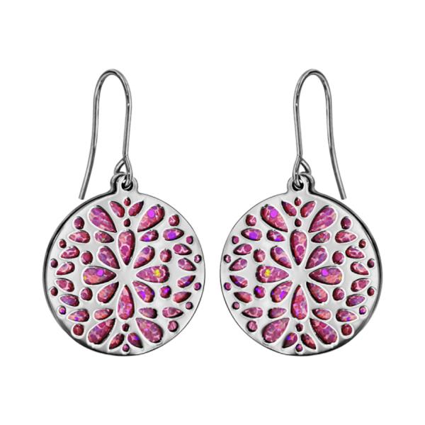 Boucles d'oreilles Acier 316 L Crochet Motif Fleurs Glitter Rose Scintillant