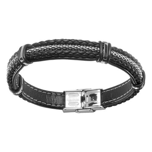 Bracelet Acier 316 L et Cuir Double Tresses Noires avec Chaine