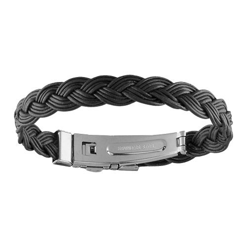 Bracelet Acier 316 L et Cuir Noir Tressé