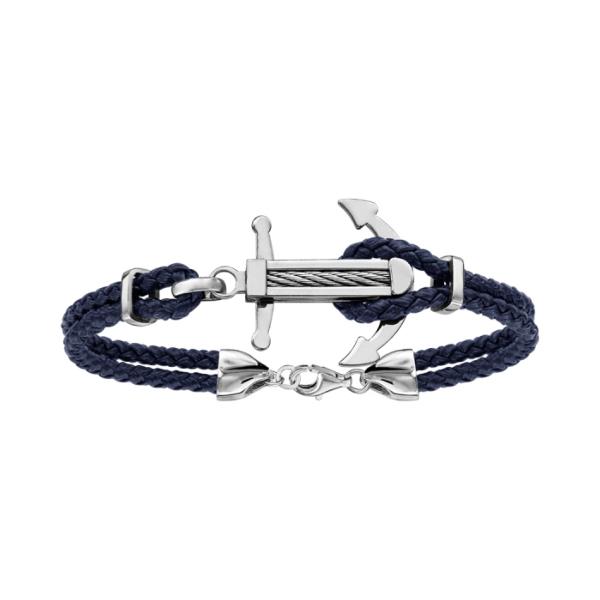 Bracelet Acier 316 L Double Cuir Bleu Ancre Marine avec Cable 19+3 cm