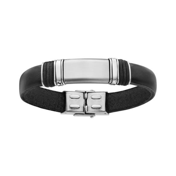 Bracelet Acier 316 L Cuir Noir Plaque avec Cordes 20 cm