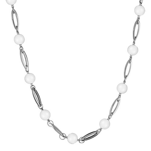 Collier Acier 316 L Maille Ovale Boules Céramique Blanches