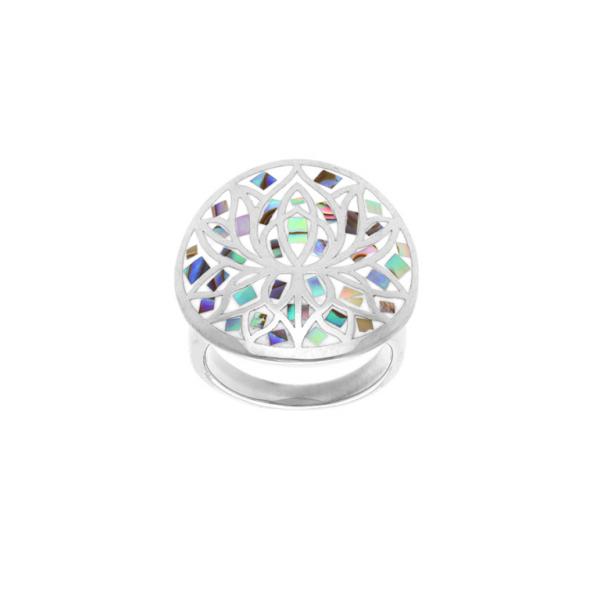 Bague Acier 316L Fleur de Lotus Résine et Nacre