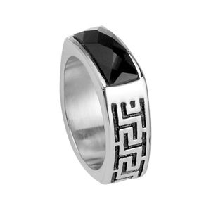 Bague Acier 316 L Anneau Agate Noire Facetée Motif Grec