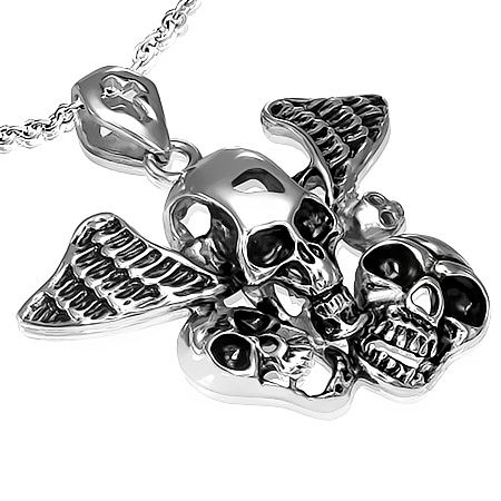 Pendentif Acier 316 L Têtes de Mort + Aile