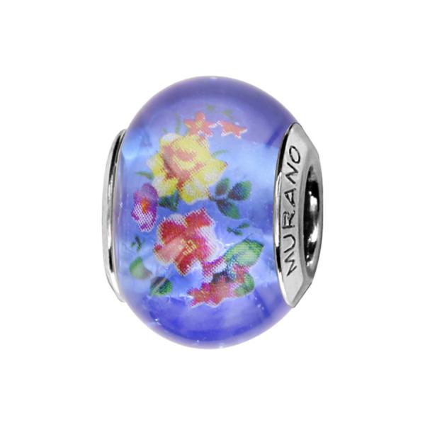 Charms Argent 925 Perle Murano Bleu avec Fleurs