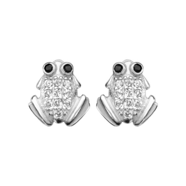 Boucles d'oreilles Argent 925 Grenouille avec Zirconium Yeux Noirs