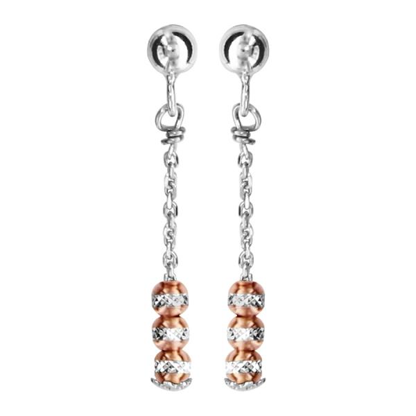 Boucles d'oreilles Argent 925 Pendante 3 Boules Diamantés Dorure Rose
