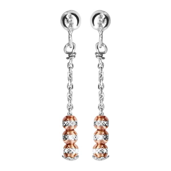 Boucles d'oreilles Argent 925 Pendante 3 Boules Diamantés Dorure Rose