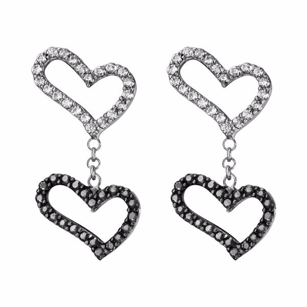 Boucles d'oreilles Argent 925 Double Coeurs Zirconium Noir et Blanc