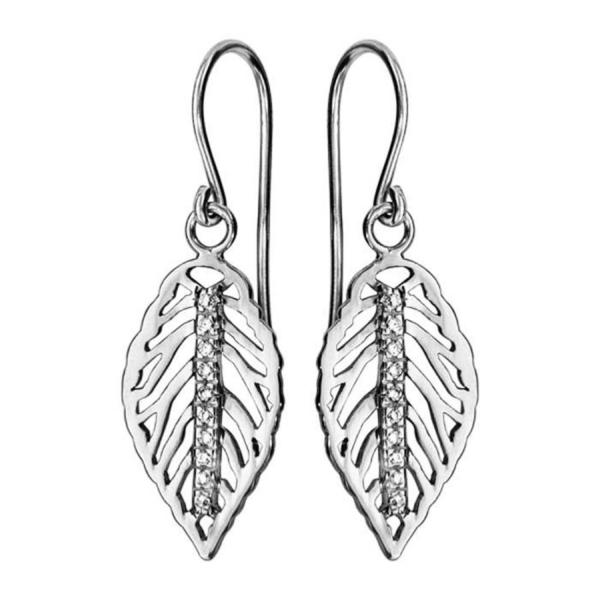 Boucles d'Oreilles Argent 925 Crochet Feuille et Zirconium Sertis