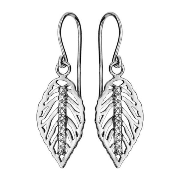 Boucles d'Oreilles Argent 925 Crochet Feuille et Zirconium Sertis