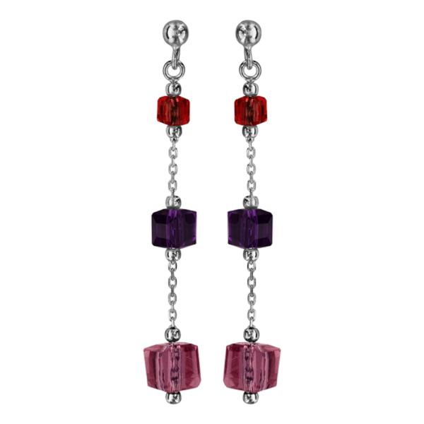 Boucles d'oreilles Argent 925 Pendantes 3 Cubes Verre Degrade Grenat