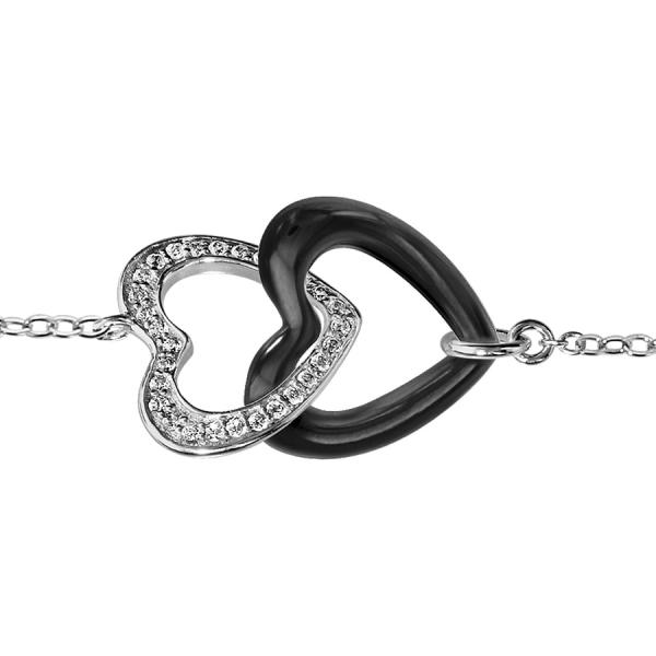 Bracelet Argent 925 Double Coeur Céramique Noire + Zirconium Sertis