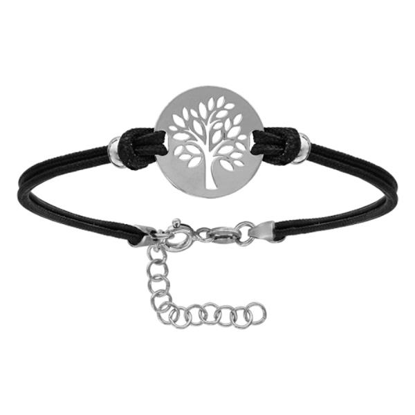 Bracelet Argent 925 Double Cordons Noirs Rondelle Arbre de Vie Evidé