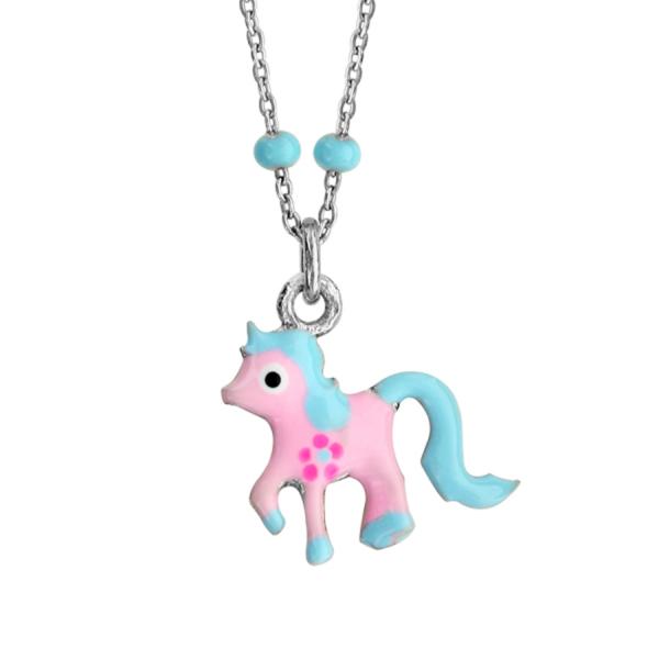 Collier Argent 925 Pendentif Poney Rose et Bleu 