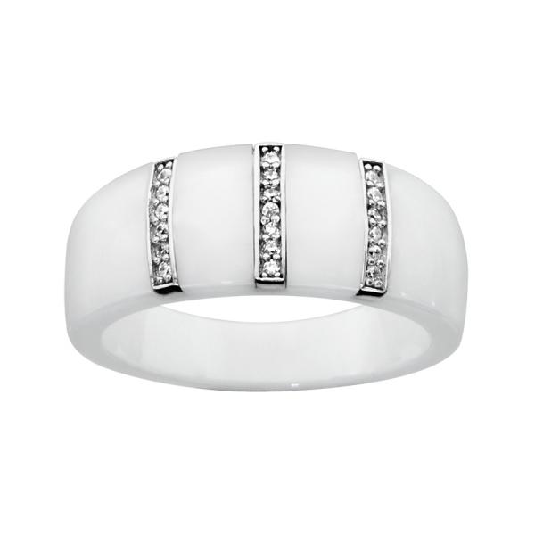 Bague Argent 925 Anneau Céramique Blanc 3 Barettes Zirconium Sertis