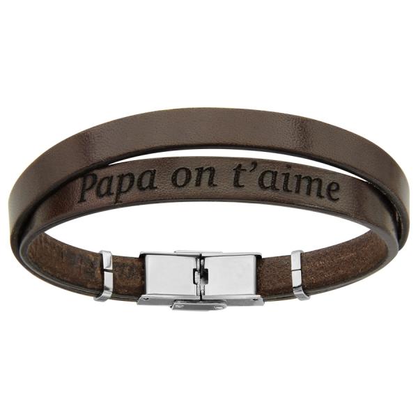 Bracelet Acier 316 L Cuir Marron Message Caché "Papa On t'aime"