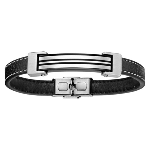 Bracelet Acier 316 L Cuir Noir Plaque 2 Lignes Noires 21,5 cm