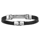 Bracelet Acier 316 L Cuir Noir Tresse Cable Gris 2 Rangs 21 cm