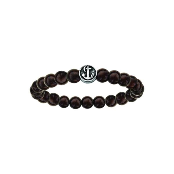 Bracelet Acier 316 L Elastique Perles Bois Marron Motif Ancre