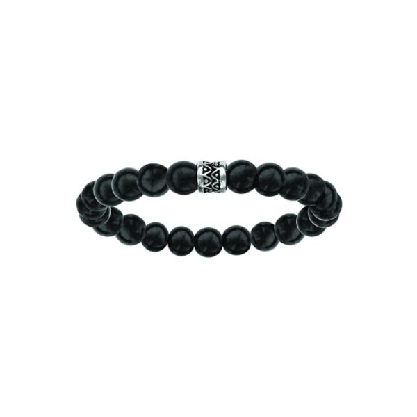 Bracelet Acier 316 L Elastique Perles Bois Noires Motif Patiné