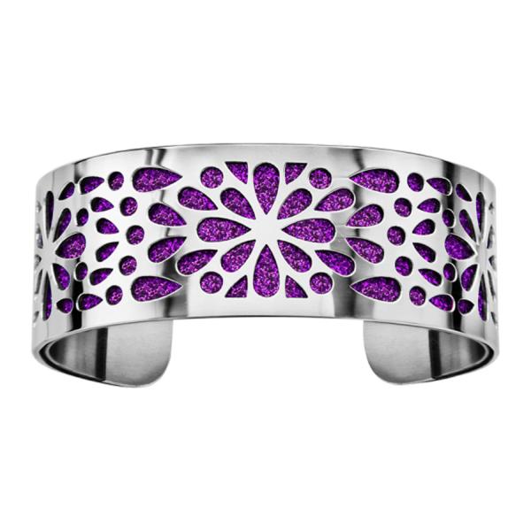 Bracelet Acier 316 L Manchette Motif Fleurs Glitter Violet Scintillant