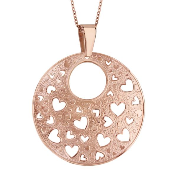 Collier Acier 316 L Rosé Pendentif Rond Bombé Motifs Coeurs