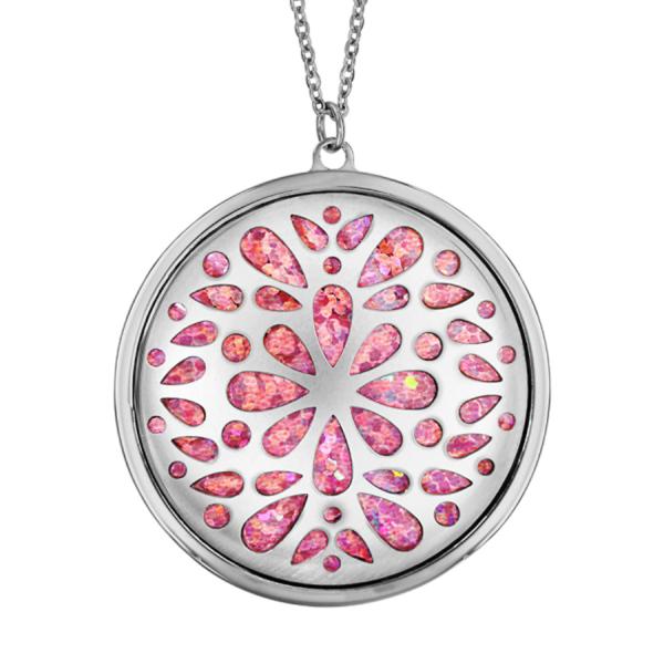 Collier Acier 316 L Pendentif Rond Motif Fleurs Glitter Rose Scintillant