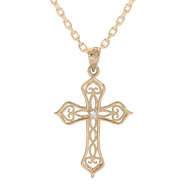 Collier Plaqué Or Pendentif Croix Filigrane Zirconium 