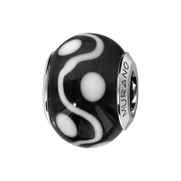 Charms Argent 925 Perle Murano Noir Vague et Point Blanc