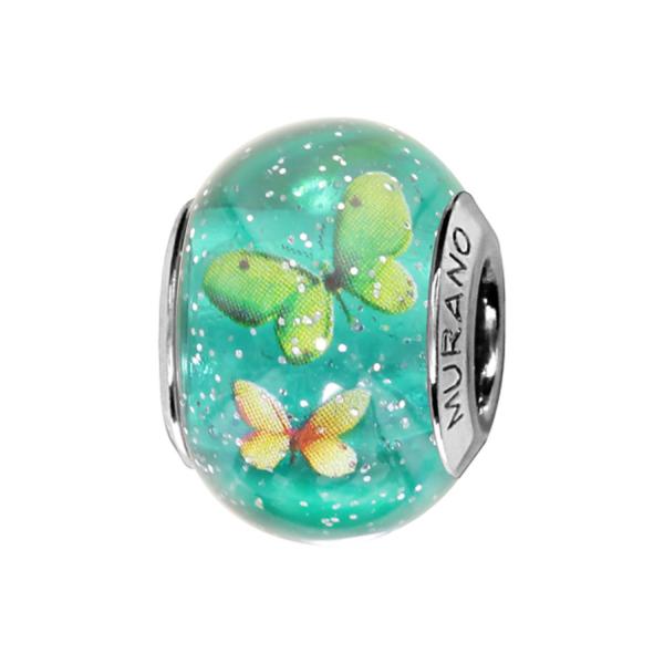 Charms Argent 925 Perle Murano Vert Pailleté avec Papillons