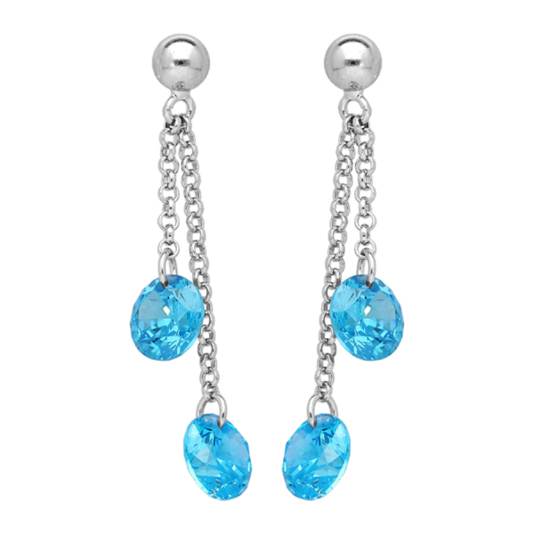 Boucles d'oreilles Argent 925 Double Chainette Pierre Synthese Bleue Ciel 