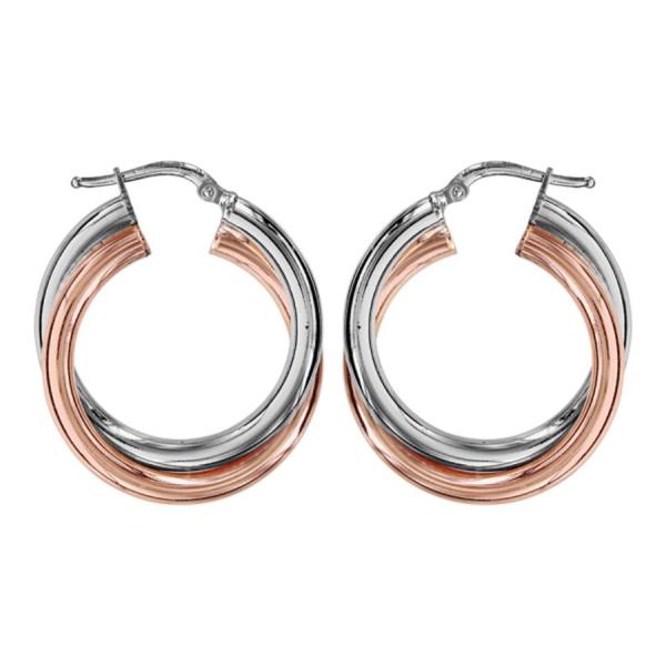 Boucles d'oreilles Argent 925 et Dorure Rose Créoles Grand Modèle Demi-Jonc Croisée