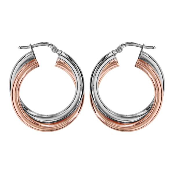 Boucles d'oreilles Argent 925 et Dorure Rose Créoles Grand Modèle Demi-Jonc Croisée