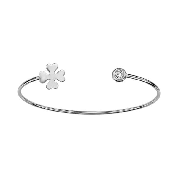 Bracelet Argent 925 Jonc Ouvert Zirconium Serti Clos et Trèfle