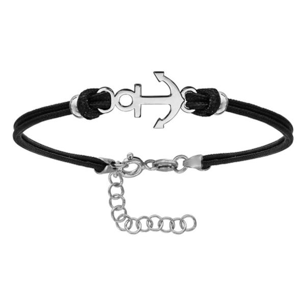 Bracelet Argent 925 Cordon Double Noir Motif Ancre