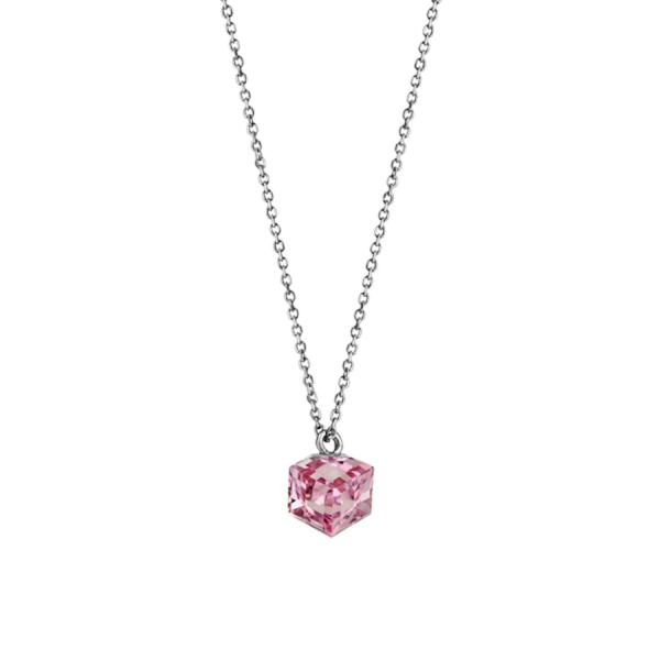 Collier Argent 925 Pendentif Cube Cristal Rose