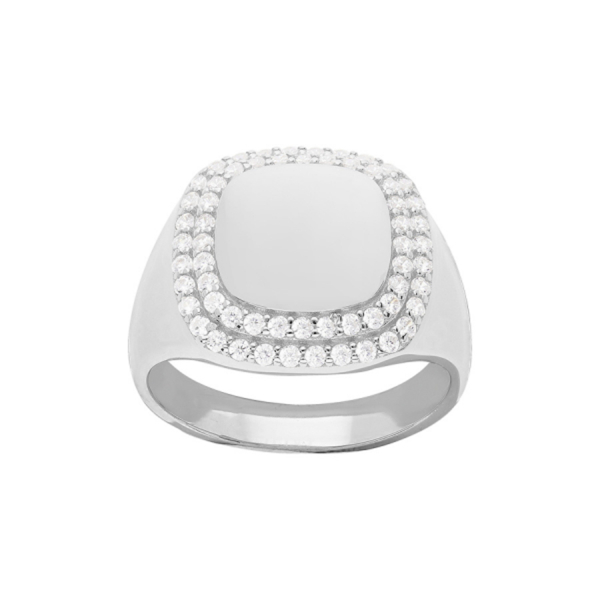 Bague Argent 925 Style Chevalière Plateau Contour Zirconium