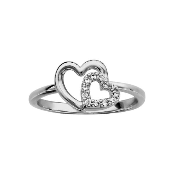 Bague Argent 925 Double Coeur Ajouré Zirconium et Lisse