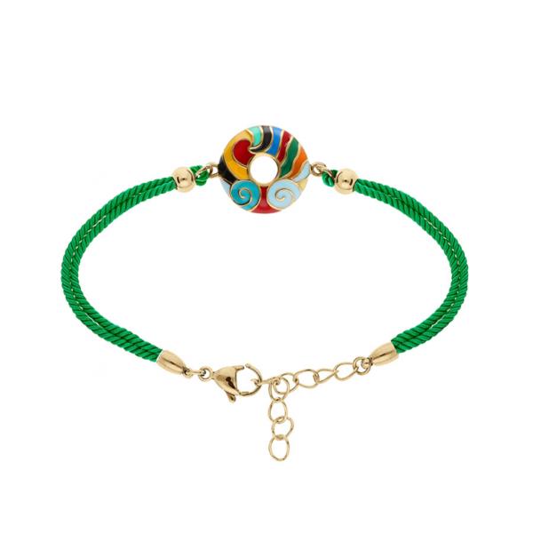 Bracelet Acier 316 L Doré Anneau Résine Multicolore Cordon Vert