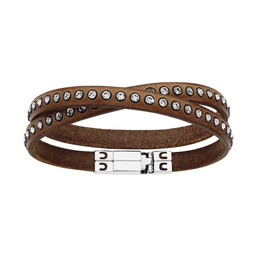 Bracelet Acier 316 L Serti Cristal Cuir Enroulé 2 Tours Marron Foncé