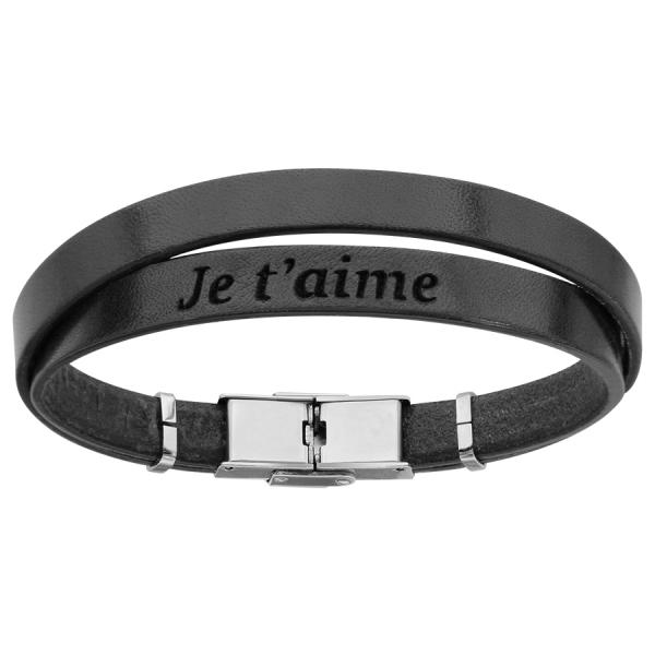 Bracelet Acier 316 L Cuir Noir Message Caché "Je t'aime"