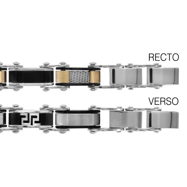 Bracelet Acier 316 L Réversible PVD Noir et Jaune Motif Quadrillage + Grec