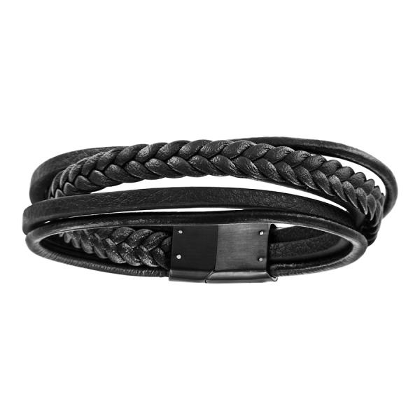 Bracelet Acier 316 L et Cuir Noir Multifils