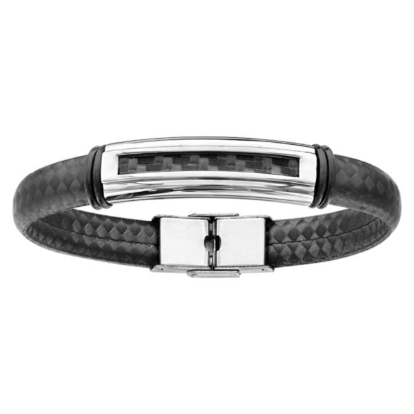 Bracelet Acier 316 L Cuir PU Noir avec Plaque Carbone Noire 21 cm