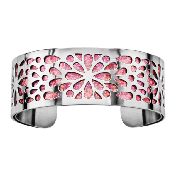 Bracelet Acier 316 L Manchette Motif Fleurs Glitter Rose Scintillant